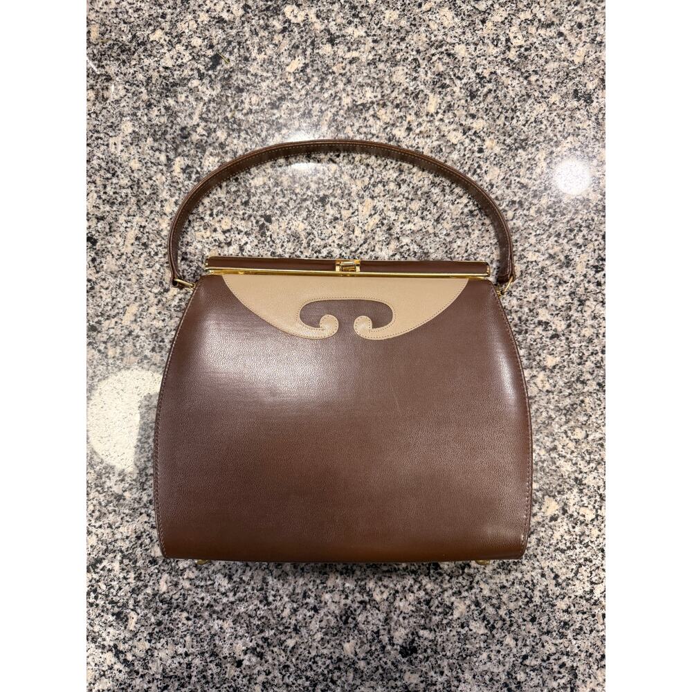 Vintage 1950s Brown & Cream Structured Top Handle Handbag - Picture 2 of 13
